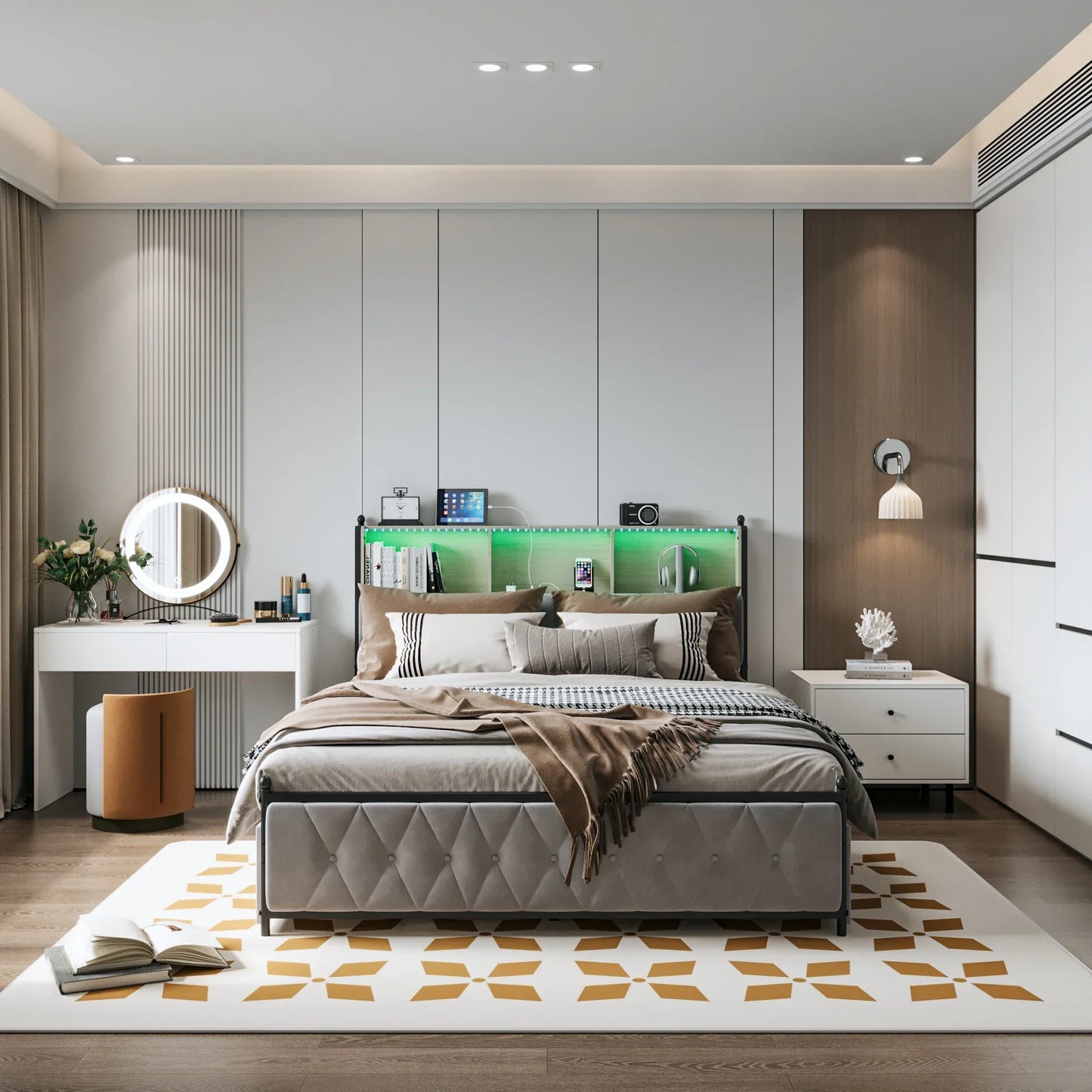 Velvet Bed with Storage & LED