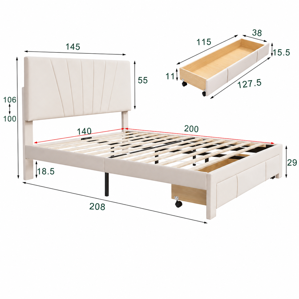 Velvet Bed with Storage Drawer
