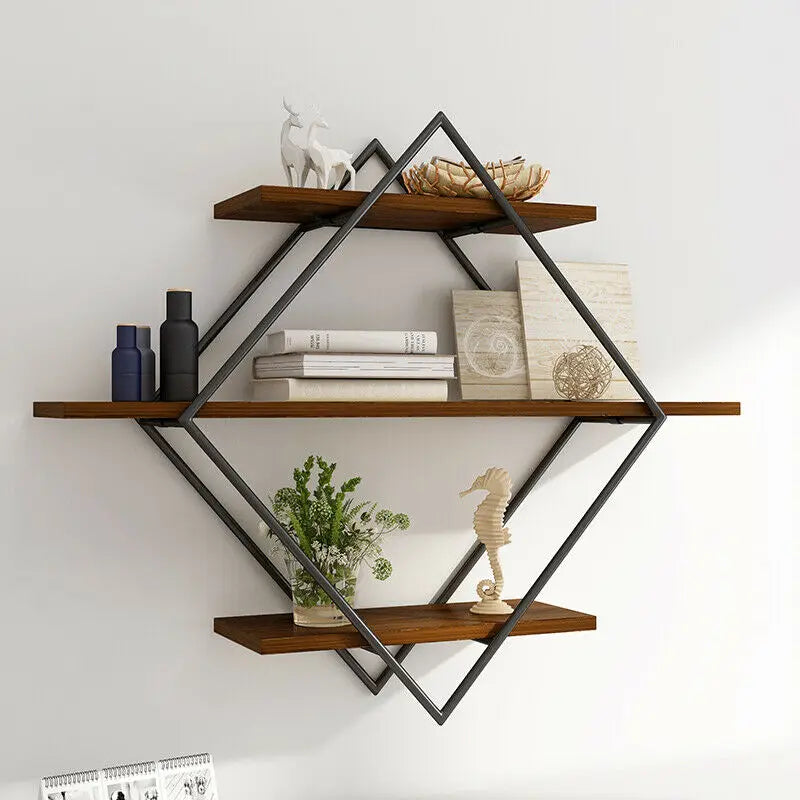 Industrial Geometric 3-Tier Wood & Metal Wall Shelf