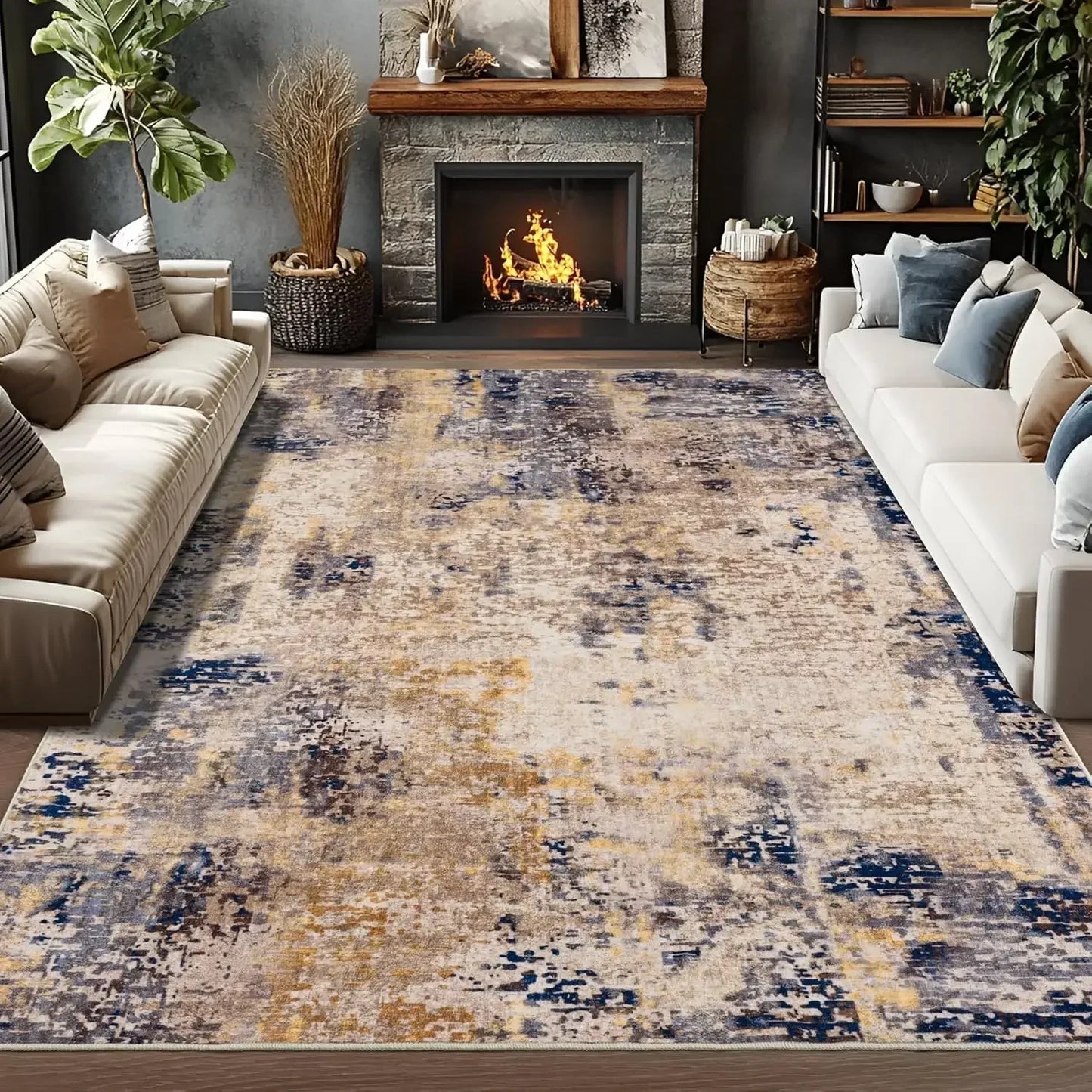 Blue and Gold Abstract Rug