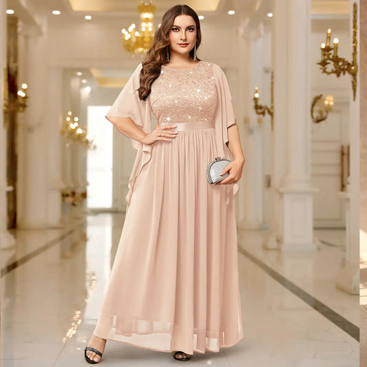 Robe Longue en Mousseline Dentelle et Paillettes à Manches Évasées – Robe de Soirée Élégante