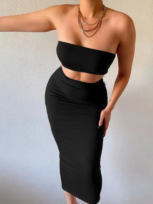 Ensemble 2 Pièces Bandeau & Jupe Moulante – Tenue d'Été Dos Nu sans Bretelles