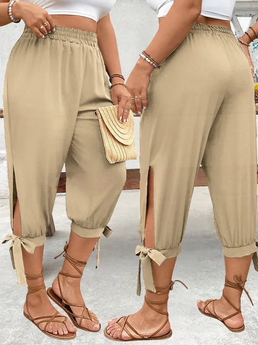 Pantalon Capri Large – Pantalon Décontracté Taille Élastique avec Fente Latérale et Détail Nœud