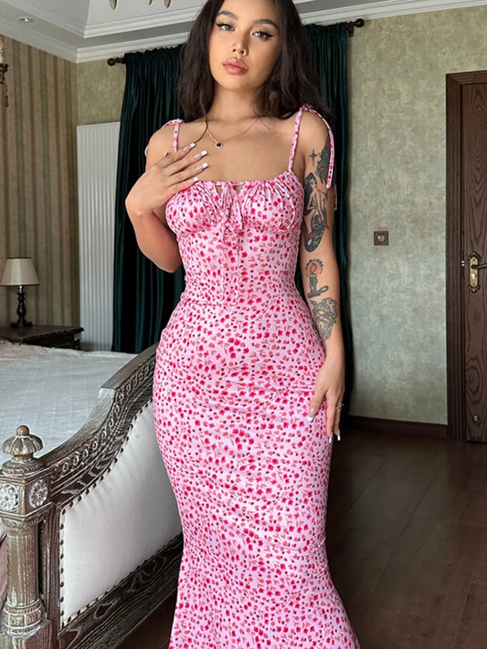 Robe Longue Sirène Dos Nu Imprimé Fleuri à Bretelles Nouées – Robe d'Été Chic Moulante