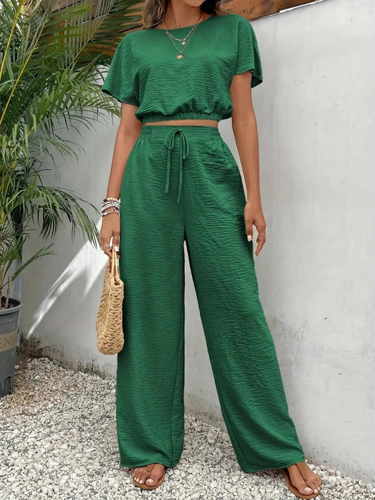 Ensemble Haut Col Rond & Pantalon Large – Tenue Décontractée à Cordon Deux Pièces