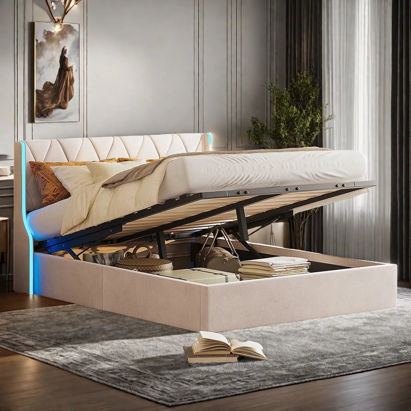 Velvet Ottoman Bed with LED & Storage