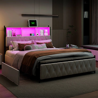 Velvet Bed with Storage & LED