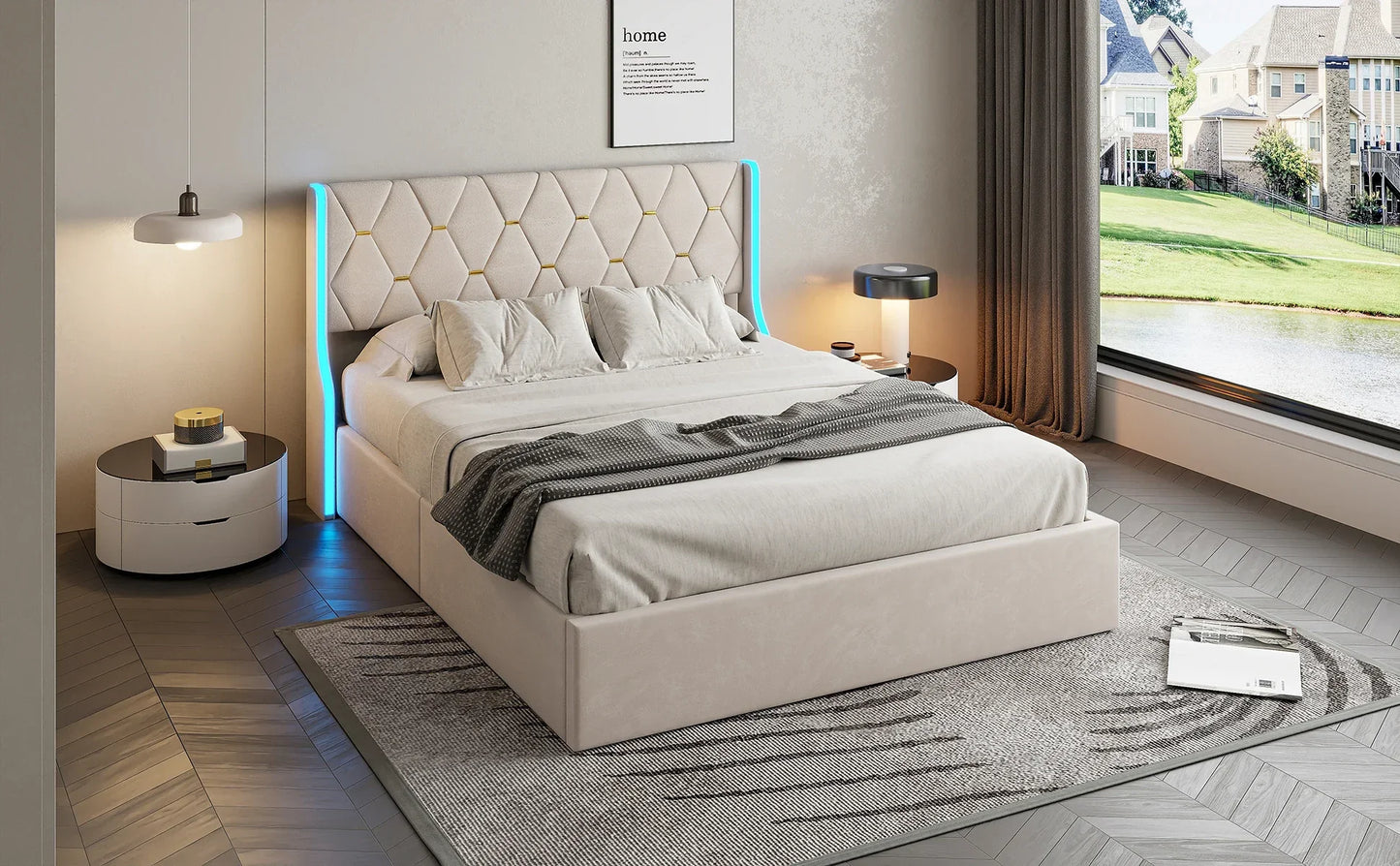 Velvet Ottoman Bed with LED & Storage