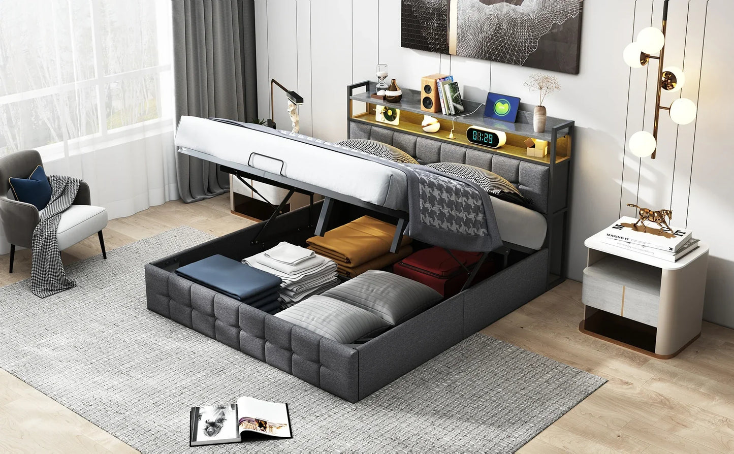 Ottoman Storage Bed with LED & USB