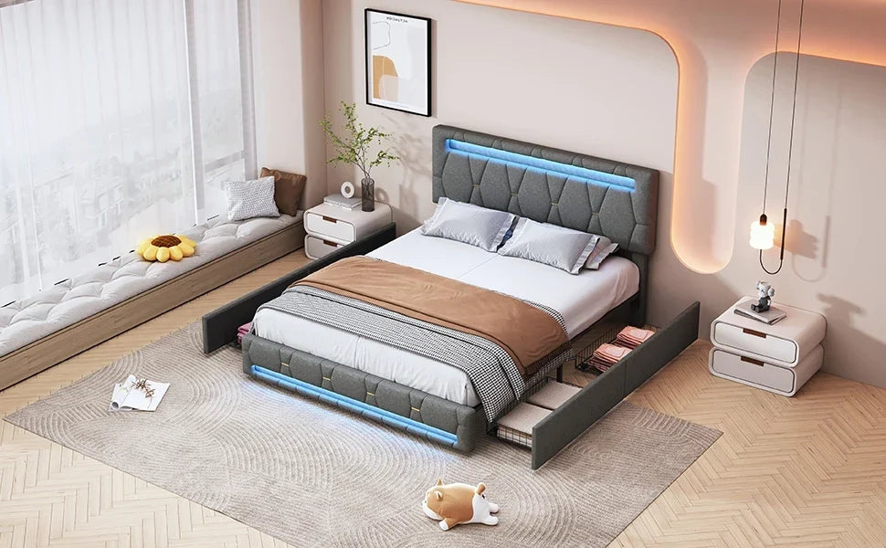 Padded Bed with LED & Storage