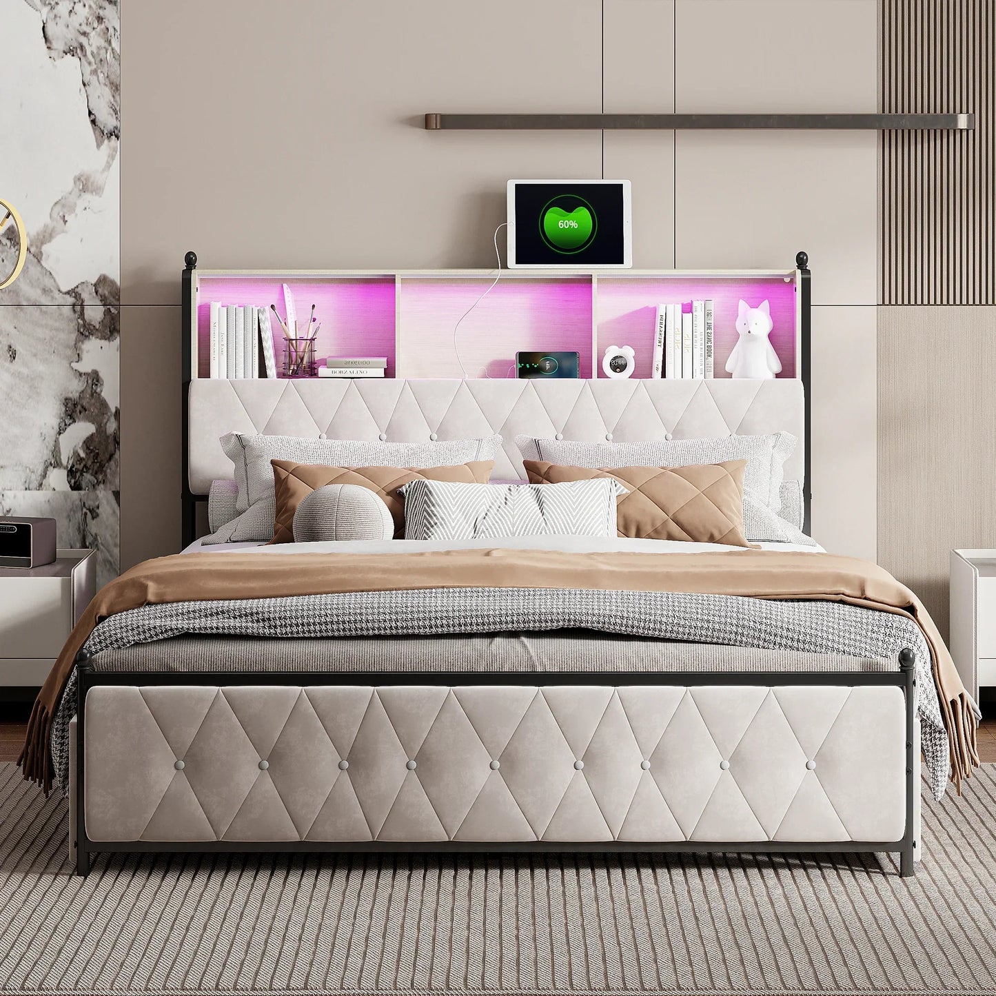 Velvet Bed with Storage & LED