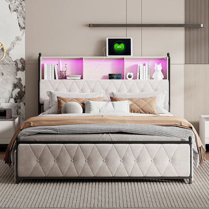 Velvet Bed with Storage & LED
