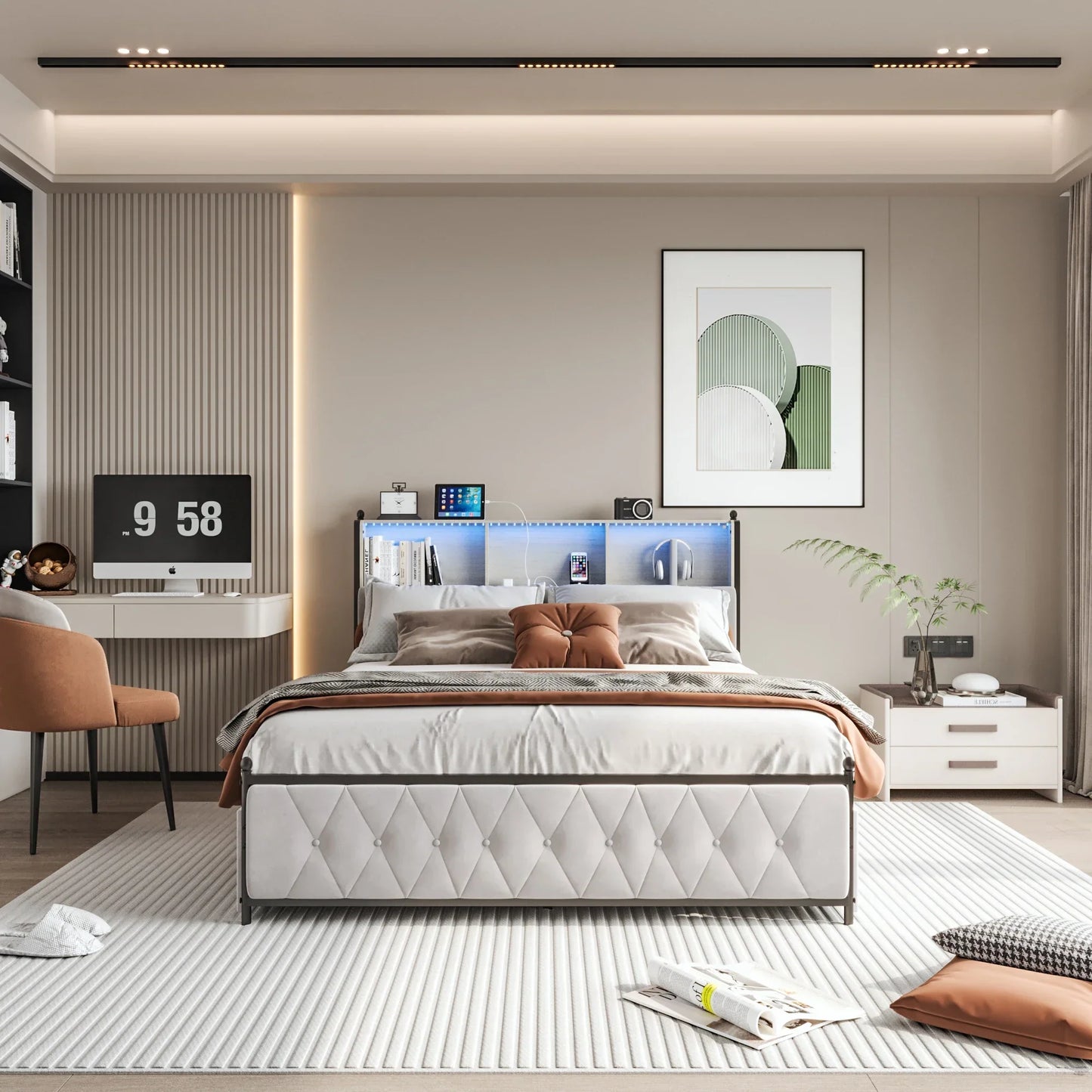 Velvet Bed with Storage & LED