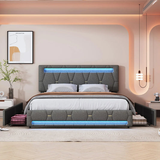Padded Bed with LED & Storage