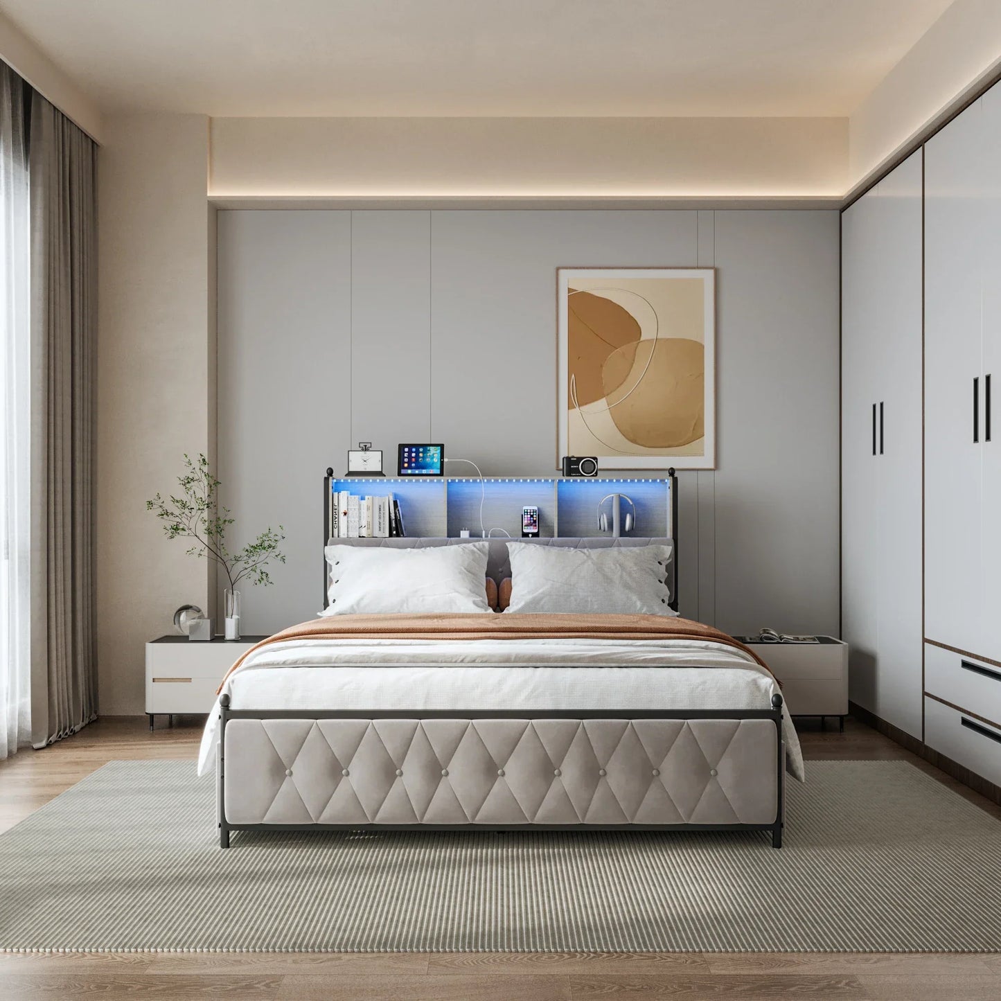 Velvet Bed with Storage & LED