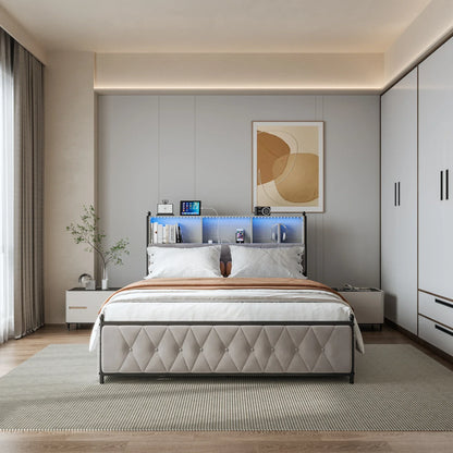 Velvet Bed with Storage & LED
