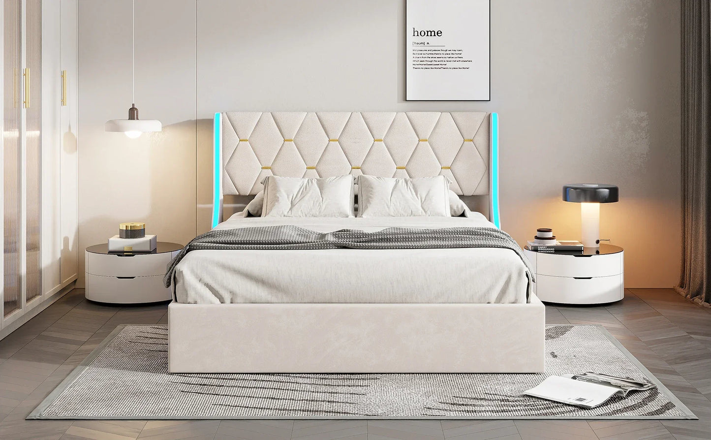 Velvet Ottoman Bed with LED & Storage