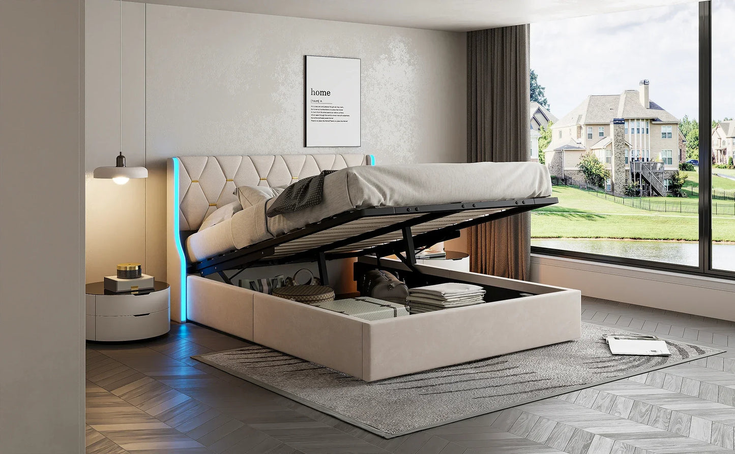 Velvet Ottoman Bed with LED & Storage