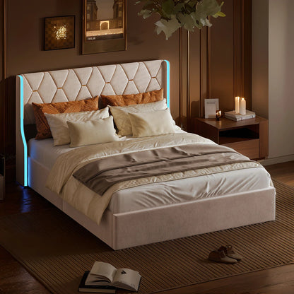 Velvet Ottoman Bed with LED & Storage
