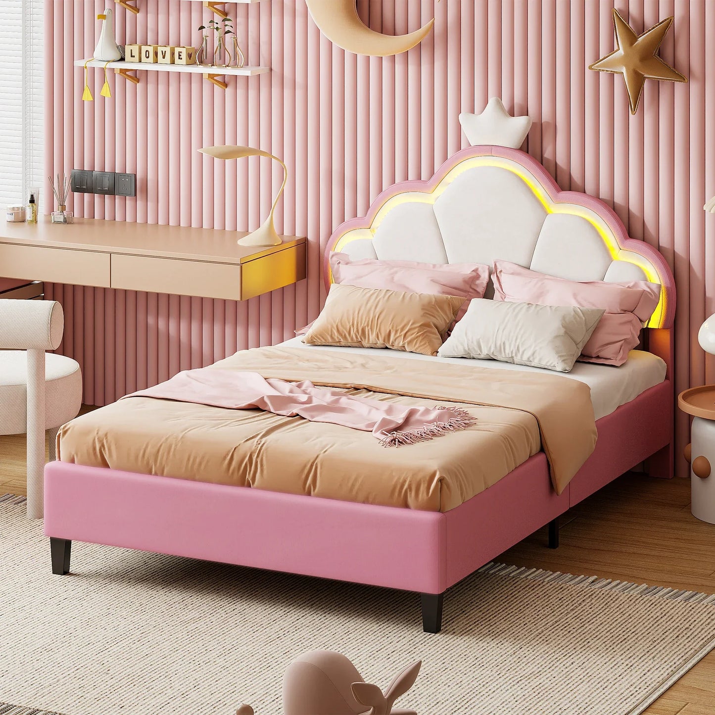 Crown Design Velvet Padded Bed
