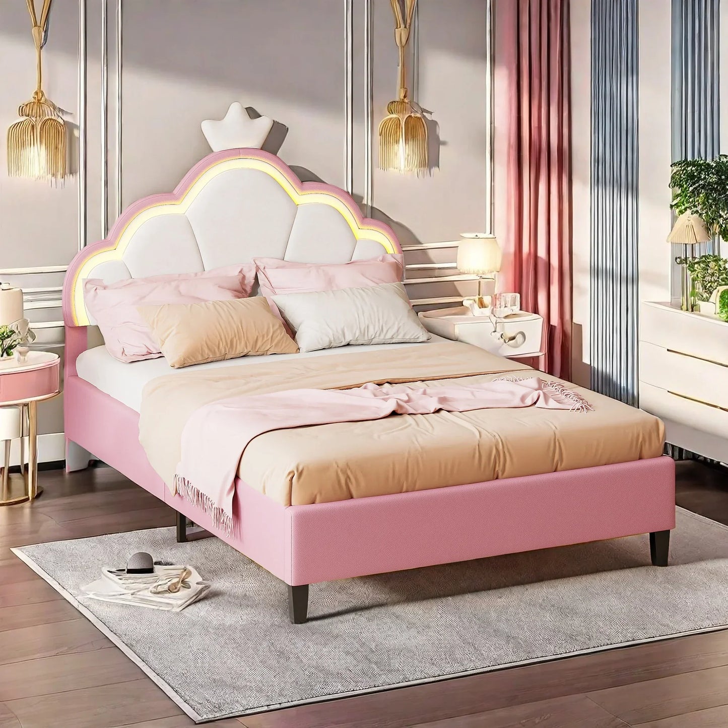 Crown Design Velvet Padded Bed