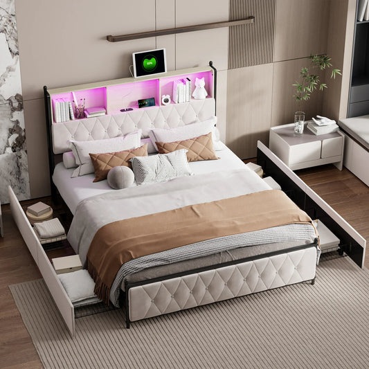 Velvet Bed with Storage & LED