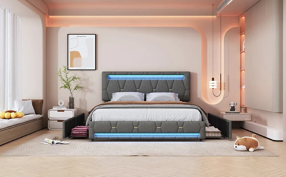 Padded Bed with LED & Storage