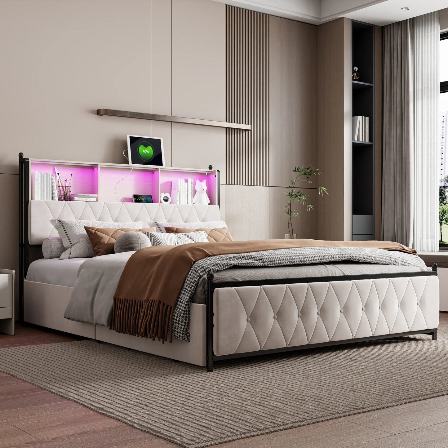 Velvet Bed with Storage & LED