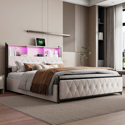 Velvet Bed with Storage & LED