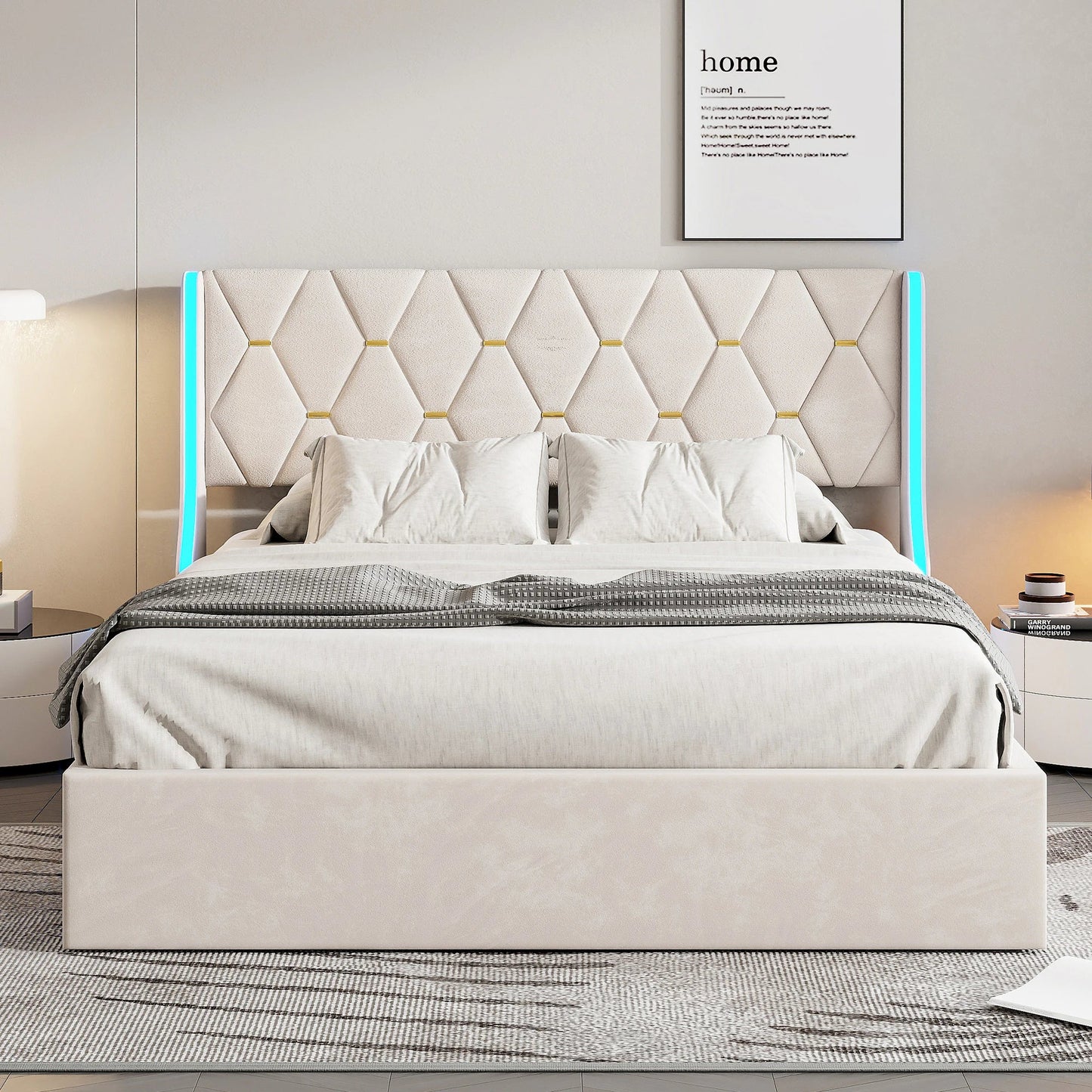 Velvet Ottoman Bed with LED & Storage