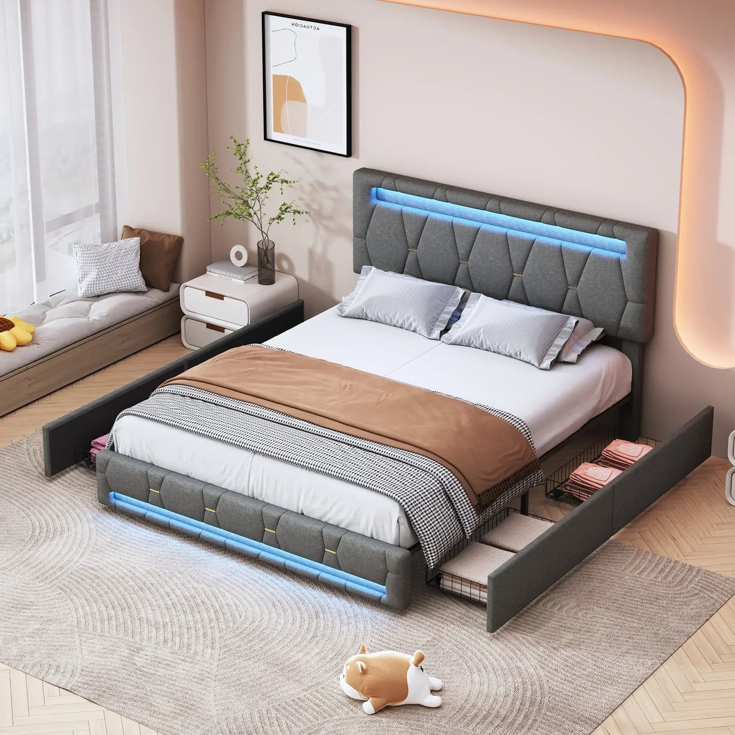 Padded Bed with LED & Storage