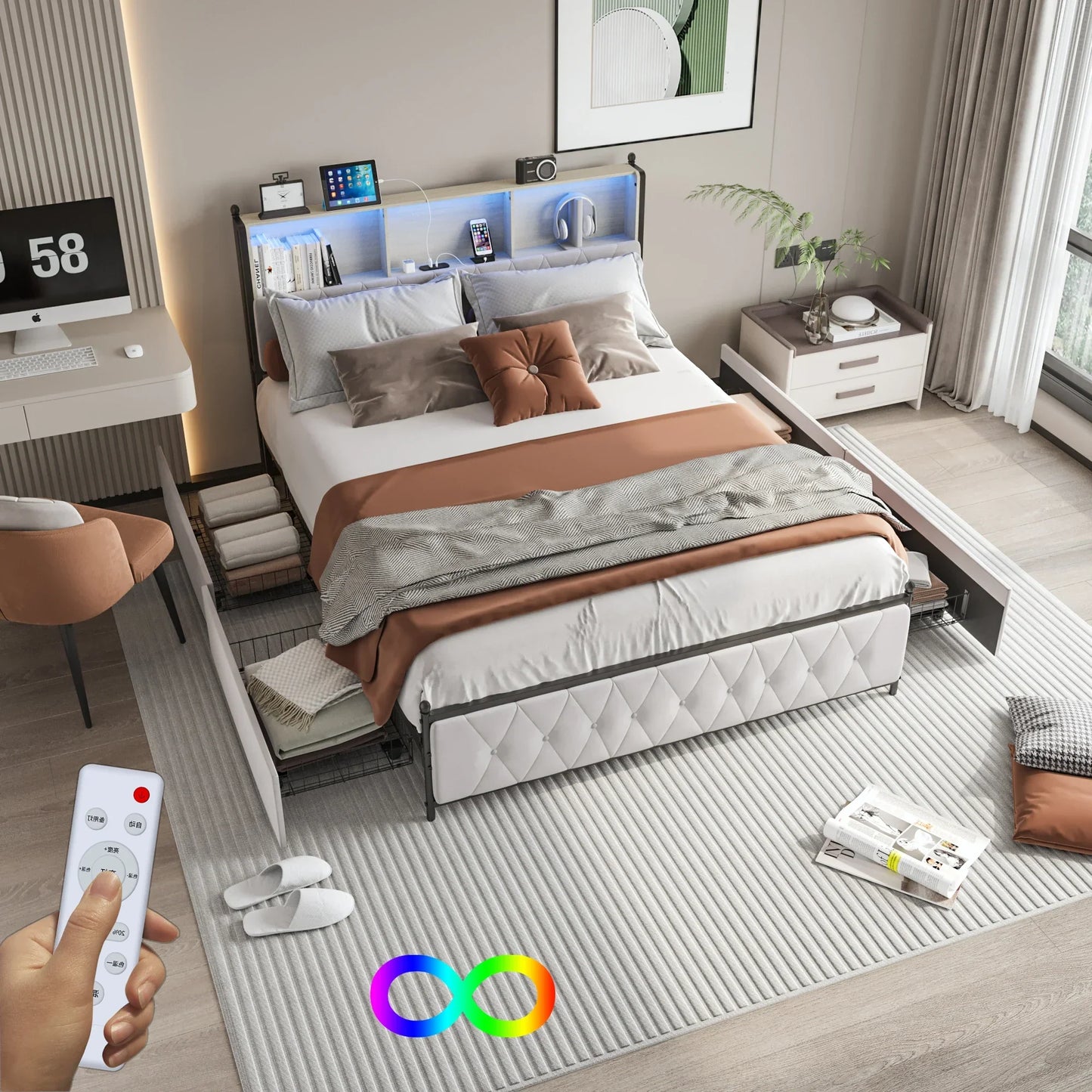 Velvet Bed with Storage & LED