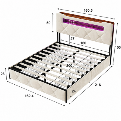 Velvet Ottoman Storage Bed with LED & 4 Drawers