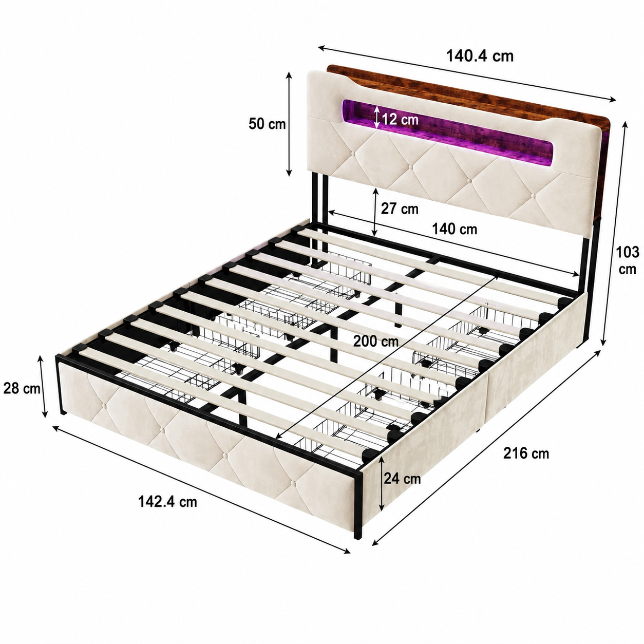 Velvet Ottoman Storage Bed with LED & 4 Drawers