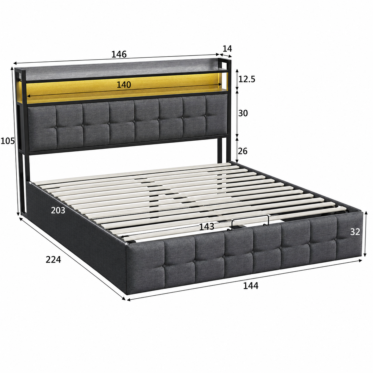 Ottoman Storage Bed with LED & USB