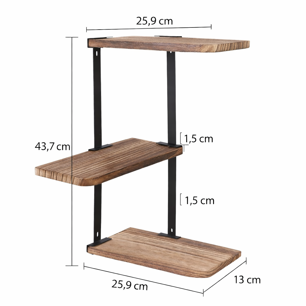 Rustic 3-Tier Wood & Metal Corner Wall Shelf