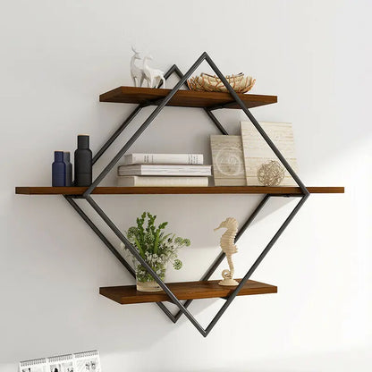 Industrial Geometric 3-Tier Wood & Metal Wall Shelf