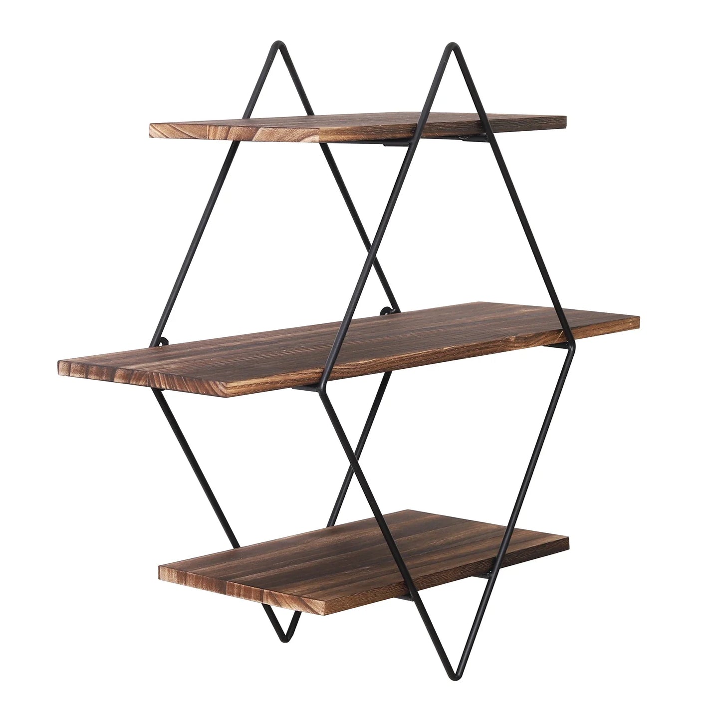 Industrial Geometric 3-Tier Wood & Metal Wall Shelf