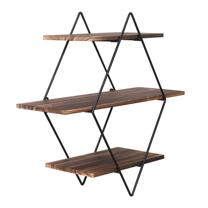 Industrial Geometric 3-Tier Wood & Metal Wall Shelf