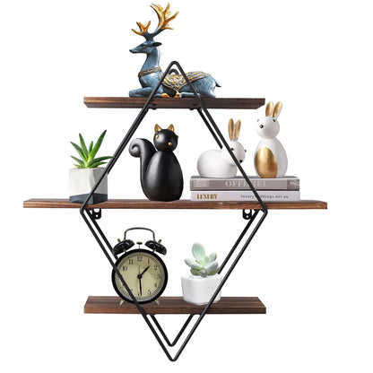 Industrial Geometric 3-Tier Wood & Metal Wall Shelf