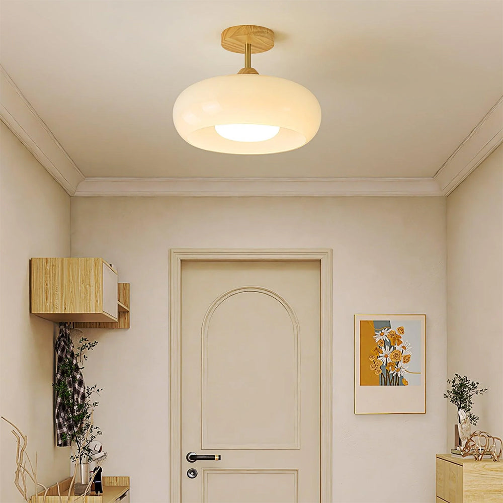 Vintage Bauhaus Wood and Glass Ceiling Light