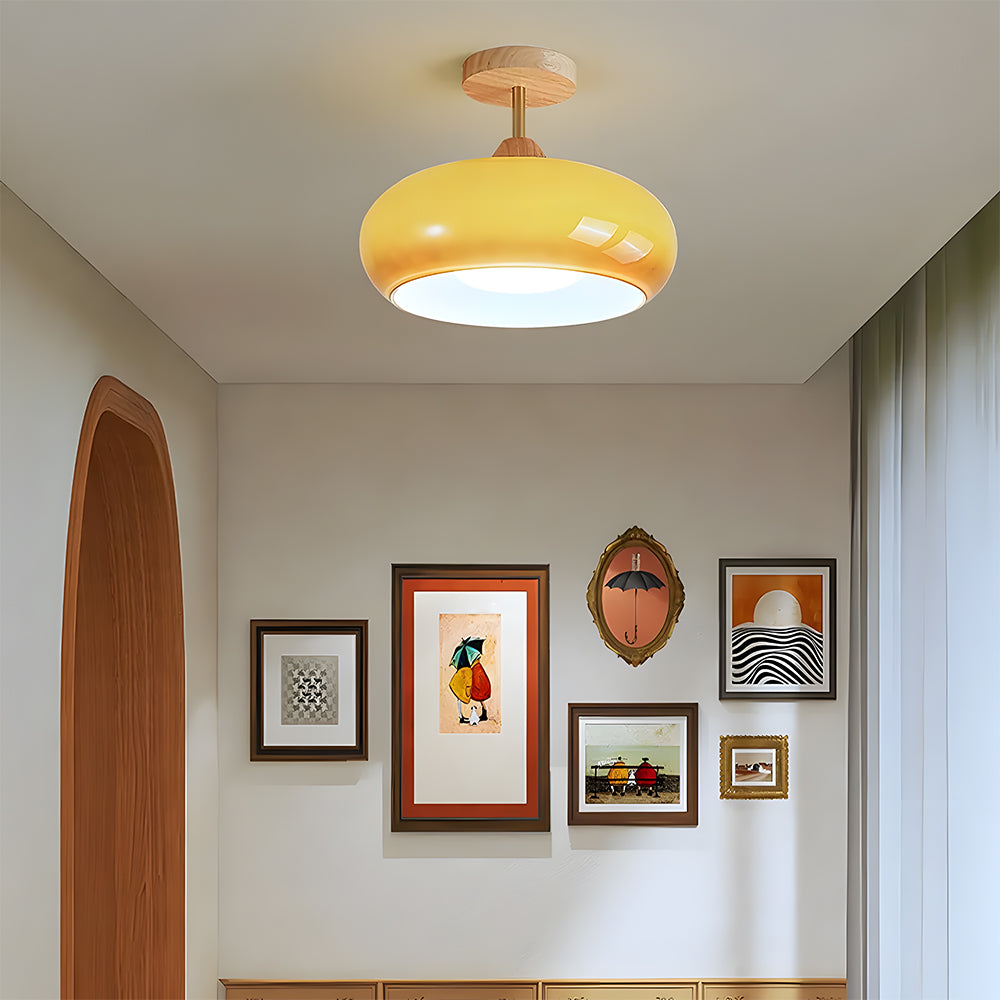 Vintage Bauhaus Wood and Glass Ceiling Light