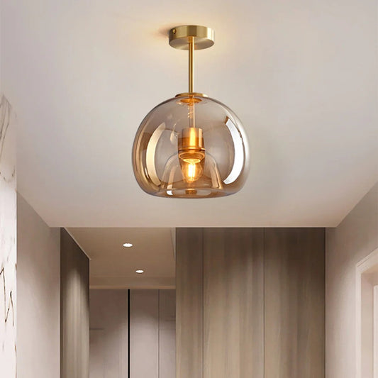Retro Semi-Flush Ceiling Light in Copper and Glass