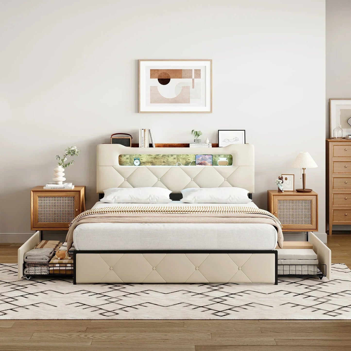 Velvet Ottoman Storage Bed with LED & 4 Drawers