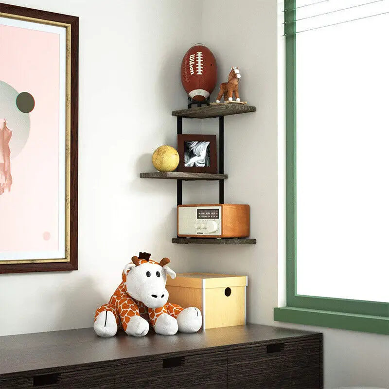 Rustic 3-Tier Wood & Metal Corner Wall Shelf