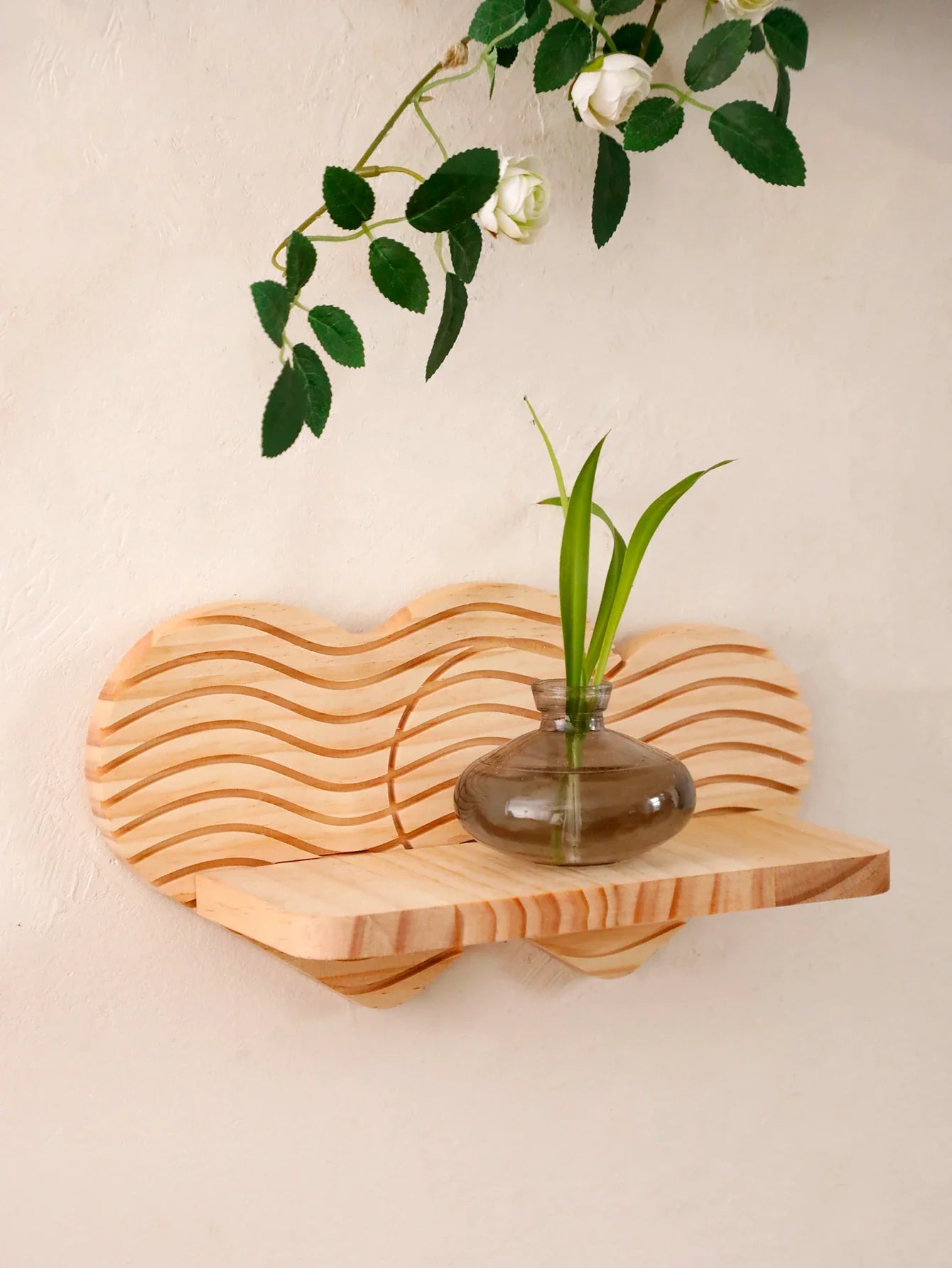 Wavy-Pattern Wood Heart Wall Shelf