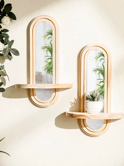 Bohemian Natural Wood Wall Shelf with Mirror