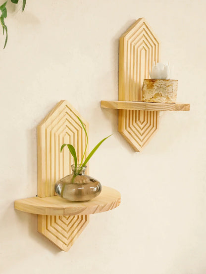 Bohemian Geometric Natural Wood Wall Shelves