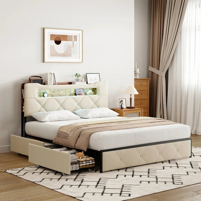 Velvet Ottoman Storage Bed with LED & 4 Drawers
