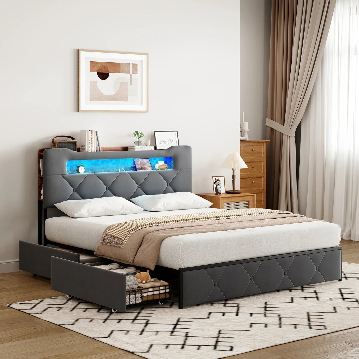 Velvet Ottoman Storage Bed with LED & 4 Drawers